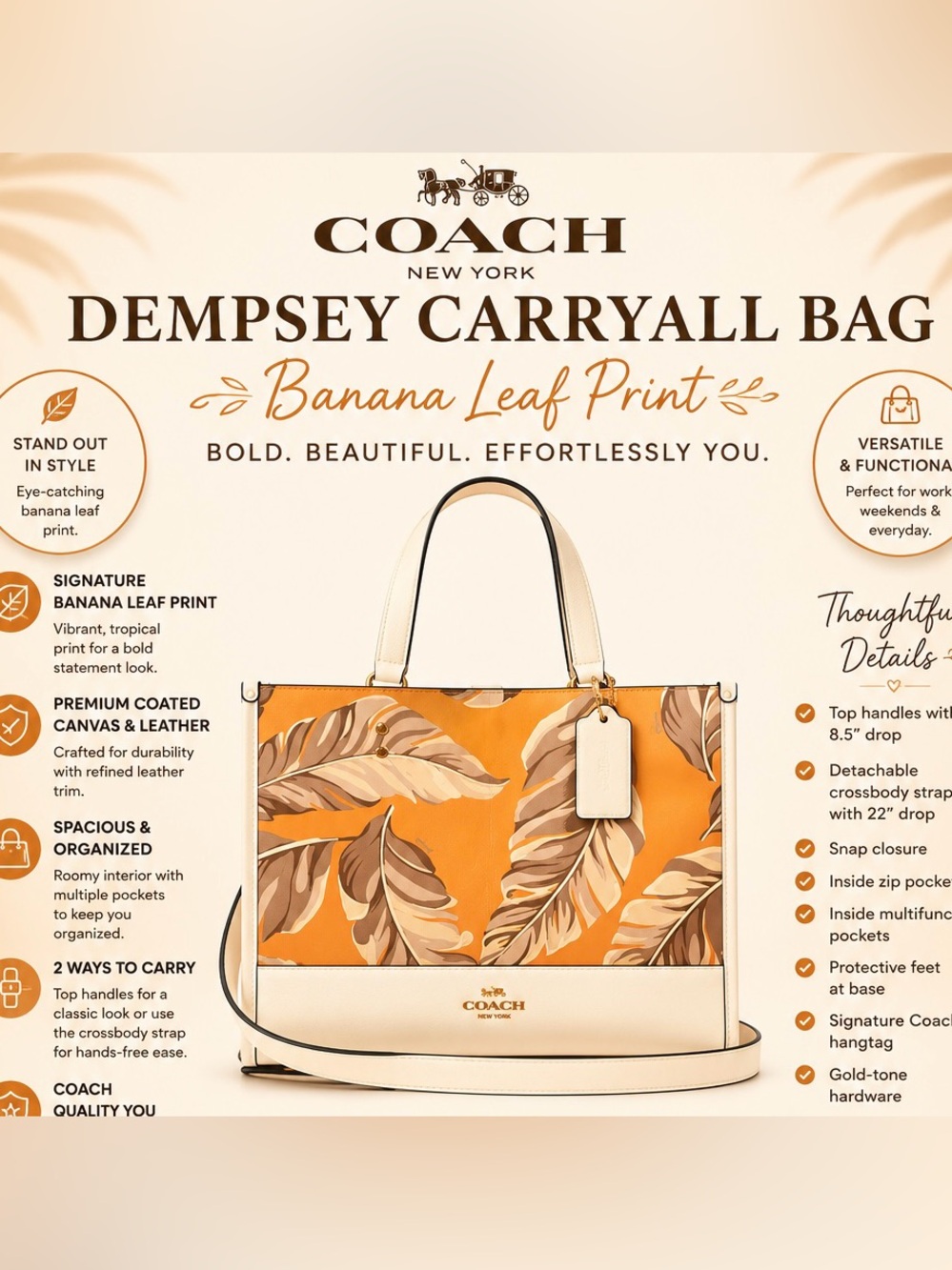 Coach Dempsey Carryall Bag Banana Leave Print Crossbody Redwood Sunbeam